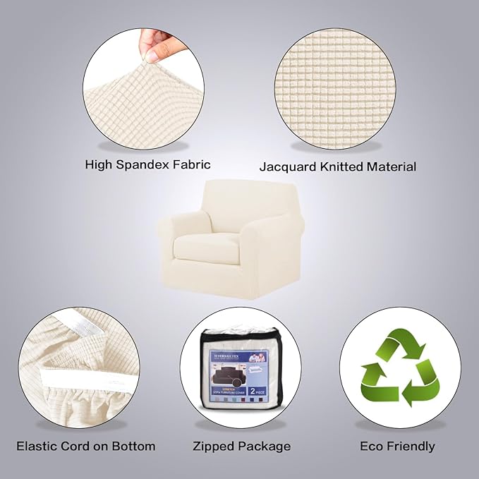 H.VERSAILTEX 2 Piece Couch Cover Stretch Stylish Chair Cover Furniture Protector Featuring Jacquard Textured Twill Fabric High Spandex Slipcover (Chair, Cream)
