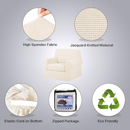 H.VERSAILTEX 2 Piece Couch Cover Stretch Stylish Chair Cover Furniture Protector Featuring Jacquard Textured Twill Fabric High Spandex Slipcover (Chair, Cream)