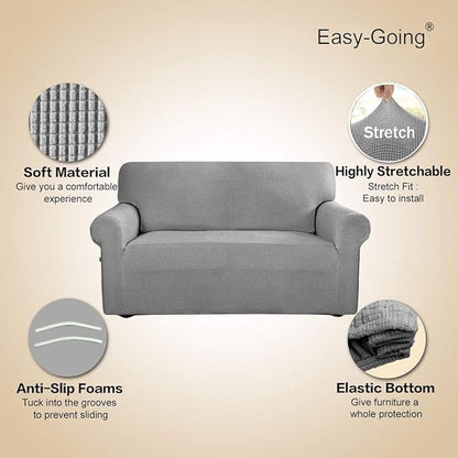 Easy-Going Stretch Sofa Slipcover 1-Piece Sofa Cover Furniture Protector Couch Soft with Elastic Bottom for Kids, Polyester Spandex Jacquard Fabric Small Checks (Sofa, Light Gray)