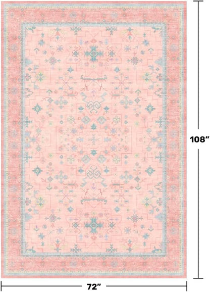 Washable Pink and Blue 6x9 Oushak Rugs for Bedroom Girls, Living Room Kids Playroom Nursery Room, Modern Floral Distressed Design, Soft Faux Wool Low Pile Non Slip Stain Resistance Carpet