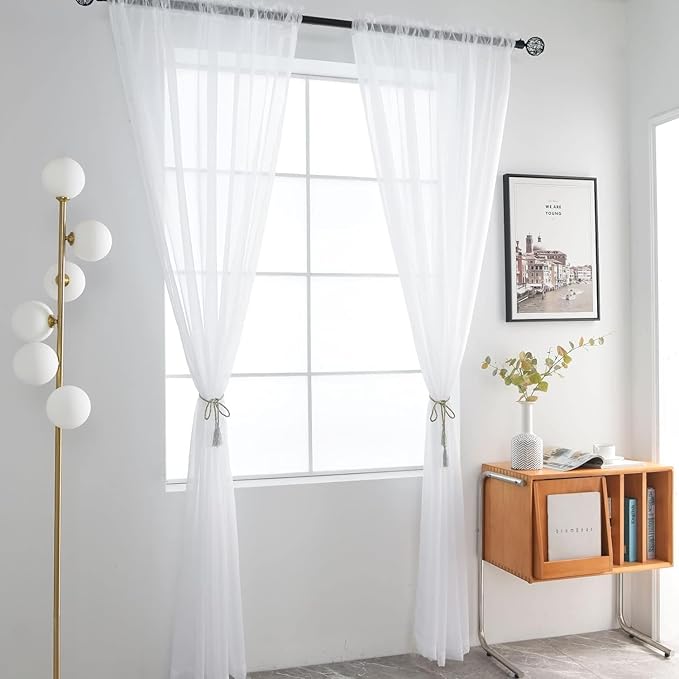 SpaceDresser Sheer White Curtains 4 Panels Rod Pocket Semi-Sheer Curtain 45 Inches Long Light Filtering Voile Window Drapes for Bedroom Living Room Kitchen, Each 52W x 45L