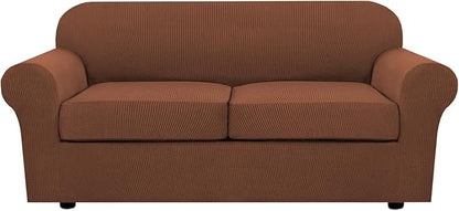 H.VERSAILTEX 3 Piece Stretch Sofa Covers for 2 Cushion Sofa Couch Covers for Living Room Sofa Slipcovers (Base Cover Plus 2 Seat Cushion Covers) Thicker Jacquard Fabric(Large Sofa, Caramel)