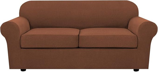 H.VERSAILTEX 3 Piece Stretch Sofa Covers for 2 Cushion Sofa Couch Covers for Living Room Sofa Slipcovers (Base Cover Plus 2 Seat Cushion Covers) Thicker Jacquard Fabric(Large Sofa, Caramel)
