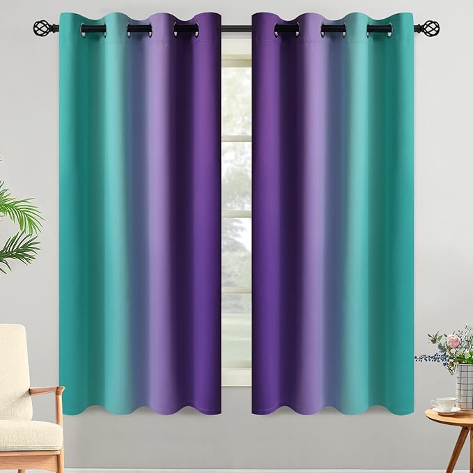 Yakamok Ombre Teal and Purple Curtains for Bedroom, Gradient Room Darkening Curtains, Grommet Thermal Insulated Light Blocking Window Drapes/Curtain for Living Room,52 x 63 Inch,2 Panels