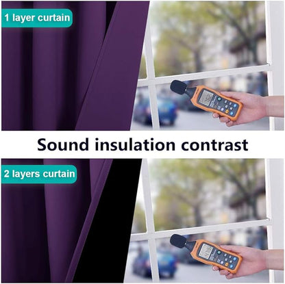 NICETOWN 100% Blackout Curtains with Black Liner Backing, Thermal Insulated Curtains for Living Room, Noise Reducing Drapes, Royal Purple, 70 inches Wide x 108 inches Long Per Panel, Set of 2