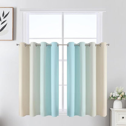 Estelar Textiler Beige and Aqua Ombre Short Blackout Cafe Curtains 36 Inch Length, Thermal Insulated Grommet Small Half Window Drapes for Kitchen/Basement/RV Camper, 52Wx36L, 2 Panels