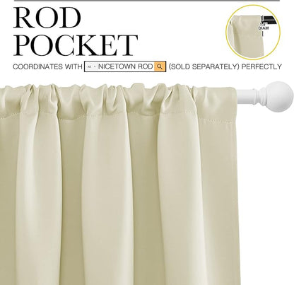 NICETOWN Blackout Curtains for Bedroom, Home Decorations Thermal Insulated Solid Rod Pocket Blackout Drapes for Cafe (Beige, One Pair, 70 x 63-inch)