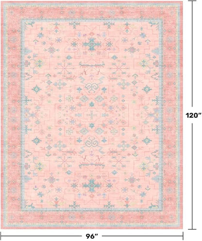 Washable Pink and Blue 8x10 Oushak Rugs for Bedroom Girls Dorm Living Room, Modern Floral Aethestic Distressed Design, Soft Faux Wool Low Pile Non Slip Stain Resistance Carpet