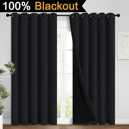 Yakamok 100% Blackout Curtains for Bedroom, 2 Thick Layers Thermal Insulated Grommet Total Blackout Drapes with Black Liner for Living Room (62Wx96L,Black, 2 Panels)