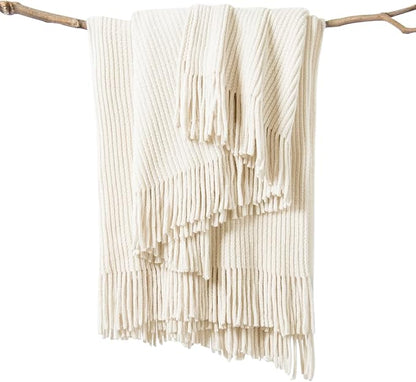 lifein Throw Blanket for Couch, Soft Boho Decor Bed Throw,Cozy Blue Chenille Knitted Small Farmhouse Lightweight Throw for All Season(Off White,50 * 60")