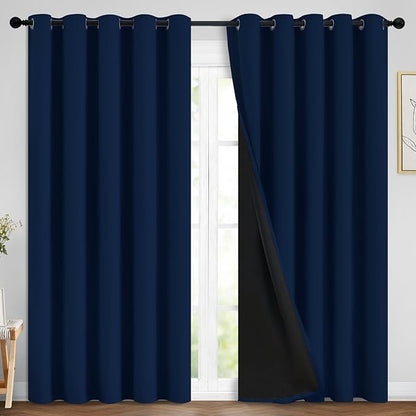 Yakamok Navy Blue 100% Blackout Curtains Energy Saving Thermal Insulated 2 Thick Layers Completely Blackout Drapes with Black Liner for Bedroom (70Wx84L, Navy Blue, 2 Panels)