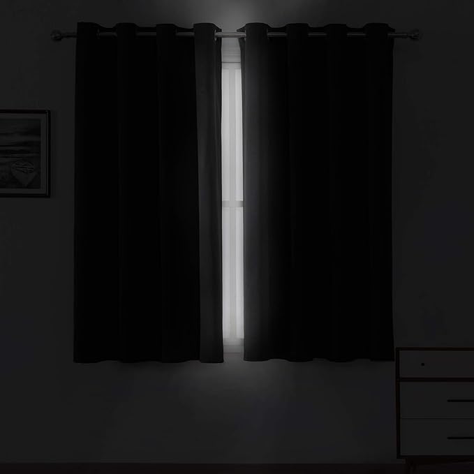 LEMOMO Black Blackout Curtains 52 x 63 Inch Length/Set of 2 Curtain Panels/Thermal Insulated Room Darkening Curtains for Bedroom and Living Room