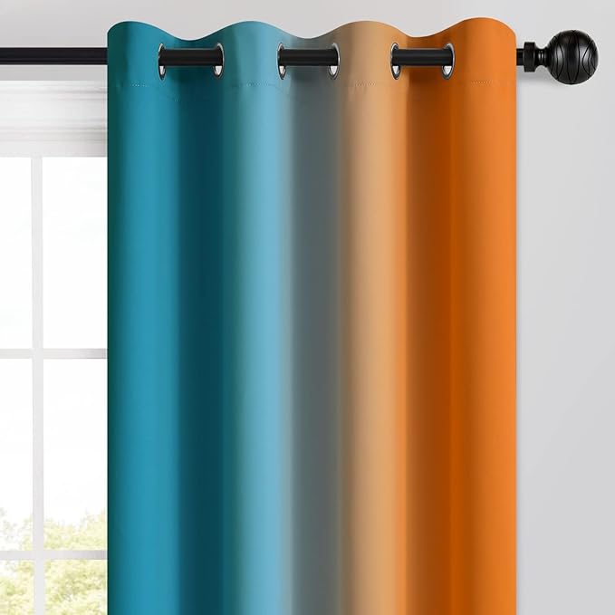 Yakamok Orange and Blue Blackout Curtains, Ombre Full Room Darkening Window Curtains for Living Room,Grommet Thermal Insulated Drapes,Light Blocking Curtains for Girls Bedroom,52x54 Inch, 2 Panels
