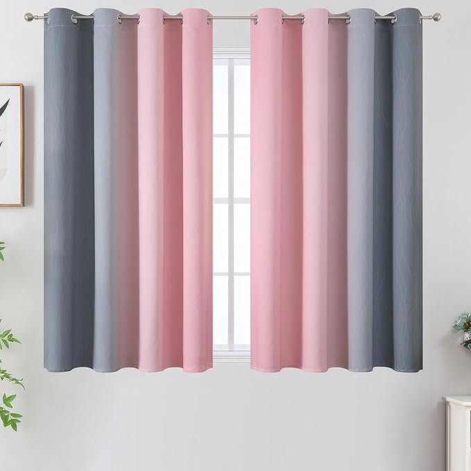 Pink and Grey Blackout Curtains 45 inches Long,Ombre Full Room Darkening Window Curtains for Living Room,Grommet Thermal Insulated Drapes,Light Blocking Curtains for Girls Bedroom,52x45 Inch, 2 Panels