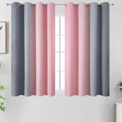 Pink and Grey Blackout Curtains 45 inches Long,Ombre Full Room Darkening Window Curtains for Living Room,Grommet Thermal Insulated Drapes,Light Blocking Curtains for Girls Bedroom,52x45 Inch, 2 Panels