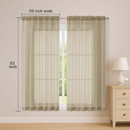 OWENIE Sheer Taupe Curtains, Sheer Curtains 63 inch Length 2 Panels Set, Rod Pocket Voile Fimly Sheer Drapes for Living Room Bedroom, 2pcs, Taupe, Each 59" W x 63" L