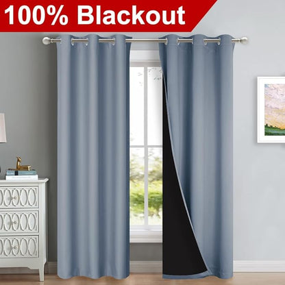 NICETOWN Blackout Curtains 84 inches Long, 2 Pieces, 42" Wide Each Panel, Vintage Blue, Full Light Blocking Drapes with Black Liner for Nursery, Thermal Insulated Draperies for Hall, Villa