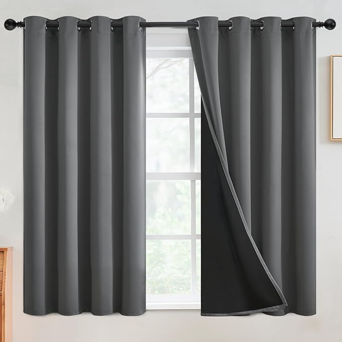 SimpleHome 100% Blackout Curtains for Bedroom,Thermal Insulated Grey Grommet Window Drapes Room Darkening Curtains for Living Room with Black Back,52 x 54 Inch,2 Panels