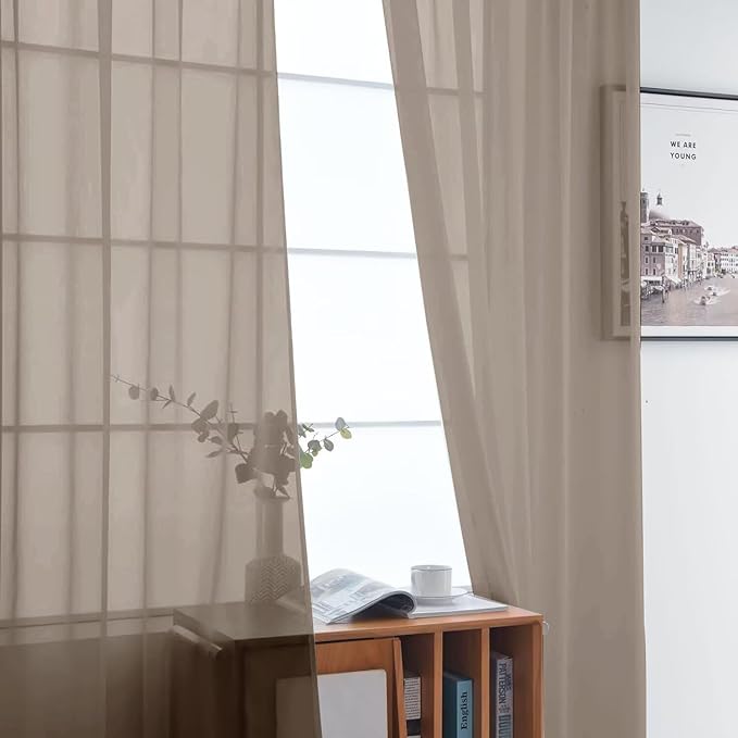 SpaceDresser Basic Rod Pocket Sheer Voile Window Curtain Panels Taupe 1 Pair 2 Panels 52 Width 45 Inch Long for Kitchen Bedroom Children Living Room Yard（Taupe, 52W x 45L）