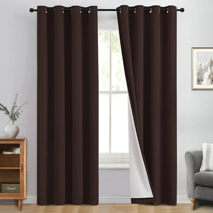 Yakamok 100% Blackout Curtain Panels 84 inches Cold and Light Blocking Drapes for Nursery, 2 Thick Layers Thermal Insulated Draperies (2 Pieces, 50 Wide Each Panel, Brown/White Backing)