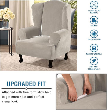 H.VERSAILTEX Wingback Chair Covers Velvet Plush Wing Chair Slipcover 1 Piece High Stretch Wing Back Chair Slipcovers Sofa Cover Furniture Cover with Elastic Bottom, French Oak