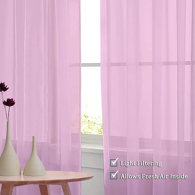 OVZME Light Pink Sheer Curtains 108 Inches Long, Light Filtering Semi Transparent Lightweight Voile Rod Pocket Window Curtains for Bedroom, Living Room, W42 x L108, Set of 2 Drape Panels