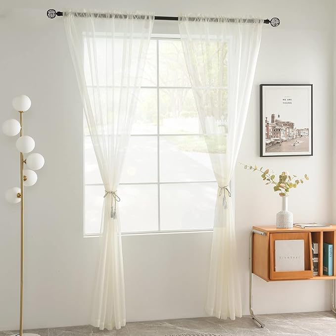 youleyar Solid Sheer Rod Pocket Curtain Voile Draperies 2 Panels Ivory Beige Black Grey Coffee 60 Inch Width 96 Inch Long 1 Pair for Kitchen Bedroom Children Living Room Yard(Ivory,60Wｘ96L)