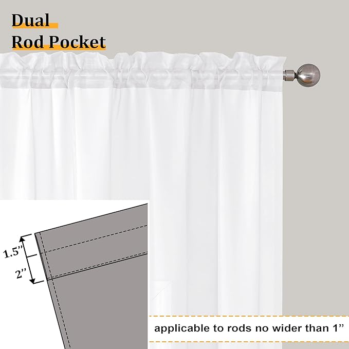 Aiyufeng Long Sheer White Curtains - Transparent Light Weight Soft Window Treatment Curtain Panels with Rod Pocket Top for Patio Door/Living Room (W42 x L90, 2 Panels)