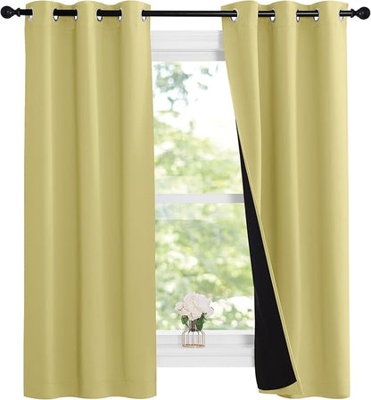 NICETOWN 100% Blackout Short Curtains with Black Liners, Solid Thermal Insulated Full Blackout 2-Layer Lined Drapes, Energy Efficiency Window Drapes for Bedroom (2 Panels, 37"W by 63"L, Paler Yellow)