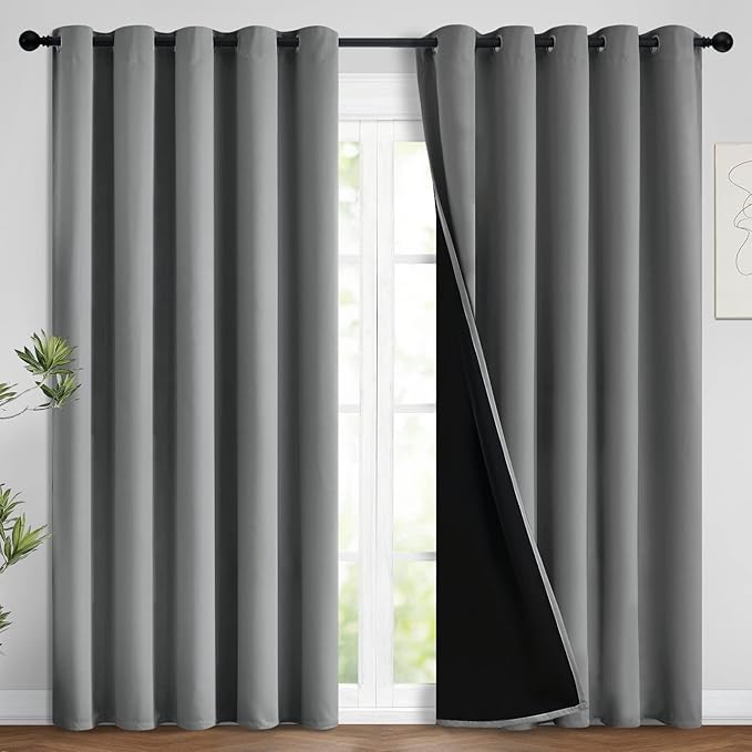 Yakamok 100% Blackout Lined Panels, Thermal Insulated Blackout Curtains for Bedroom, Heat Blocking Drapes for Living Room(62Wx84L, Grey, 2 Panels)