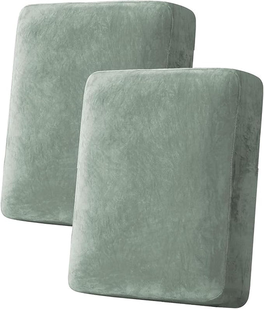 H.VERSAILTEX Velvet Stretch Couch Cushion Cover Plush Cushion Slipcover for Loveseat Cushion Furniture Protector Seat Cushion Sofa Cover (2 Piece Medium Sofa Cushion Covers, Sea Grass)