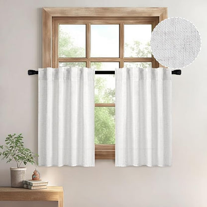 MIULEE White Curtains 36 Inch Length 2 Panels, Soft Thick Linen Textured Semi Sheer Light Filtering Kitchen Window Curtains Over Sink Small Tier for Bathroom Window Back Tab Rod Pocket