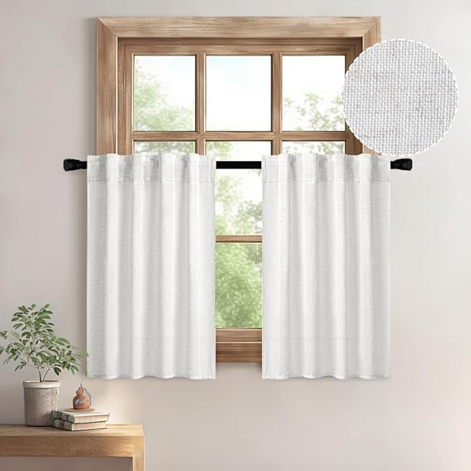 MIULEE White Curtains 24 Inch Length 2 Panels, Soft Thick Linen Textured Semi Sheer Light Filtering Kitchen Window Curtains Over Sink Small Tier Curtains for Bathroom Window Back Tab Rod Pocket