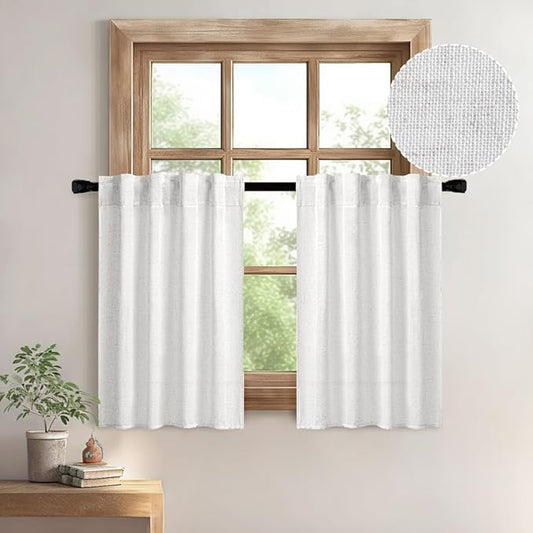 MIULEE White Curtains 24 Inch Length 2 Panels, Soft Thick Linen Textured Semi Sheer Light Filtering Kitchen Window Curtains Over Sink Small Tier Curtains for Bathroom Window Back Tab Rod Pocket