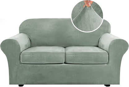 H.VERSAILTEX Real Velvet Plush 3 Piece Stretch Sofa Covers Couch Covers for 2 Cushion Couch Loveseat Covers Width Up to 72 Inch Thick Stay in Place (Medium Sofa, Sea Grass)