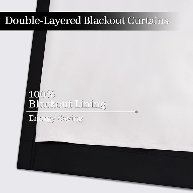 Yakamok 100% Blackout Curtains Black Room Darkening Thermal Insulated Window Curtain with 2 Thick Layers-Set of 2 Panels Grommet Top Drapes for Bedroom Living Room 52 Inches by 96 Inches Length