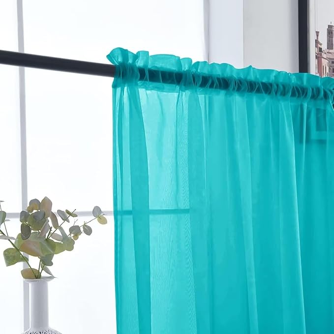 SpaceDresser Basic Rod Pocket Sheer Voile Window Curtain Panels Peacock Blue 1 Pair 2 Panels 52 Width 36 Inch Long for Kitchen Bedroom Children Living Room Yard（Peacock Blue, 52W x 36L）