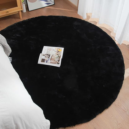 ORINOVA Black Round Rugs 8ft Machine Washable Rabbit Fur Area Rug Large Circle Rugs for Bedroom Faux Sheepskin Rug Cushion Living Room Décor