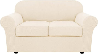 H.VERSAILTEX 3 Piece Stretch Sofa Covers for 2 Cushion Loveseat Couch Covers for Living Room (Base Cover Plus 2 Seat Cushion Covers) Thicker Jacquard Fabric (Medium Sofa, Cream)