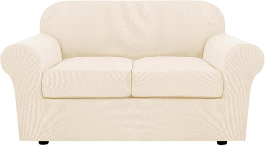 H.VERSAILTEX 3 Piece Stretch Sofa Covers for 2 Cushion Loveseat Couch Covers for Living Room (Base Cover Plus 2 Seat Cushion Covers) Thicker Jacquard Fabric (Medium Sofa, Cream)