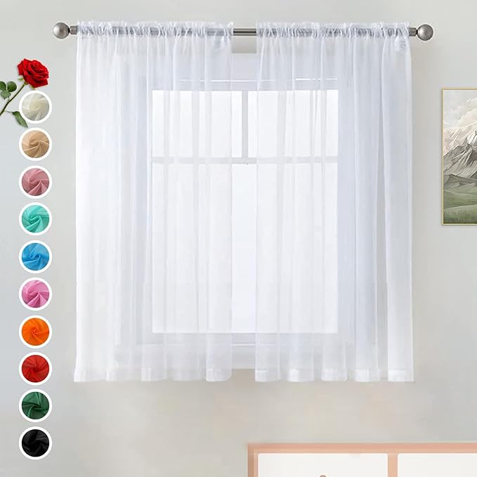 SpaceDresser Basic Rod Pocket Sheer Voile Window Curtain Panels White 1 Pair 2 Panels 42 Width 45 Inch Long for Kitchen Bedroom Children Living Room Yard(White,42 W x 45 L)