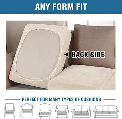 H.VERSAILTEX Velvet Stretch Couch Cushion Cover Plush Cushion Slipcover for Chair Loveseat Sofa Cushion Furniture Protector Seat Cushion Sofa Cover (2 Piece Medium Sofa Cushion Covers, Cream)