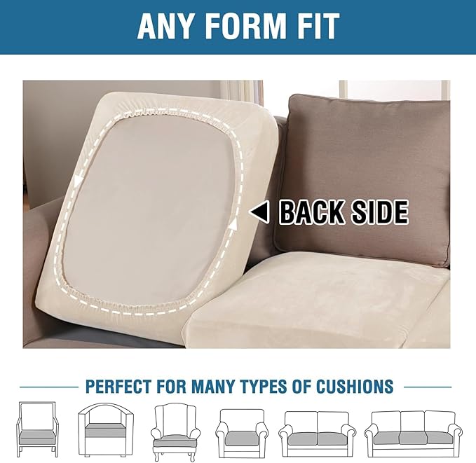 H.VERSAILTEX Velvet Stretch Couch Cushion Cover Plush Cushion Slipcover for Chair Loveseat Sofa Cushion Furniture Protector Seat Cushion Sofa Cover (2 Piece Large Sofa Cushion Covers, Cream)