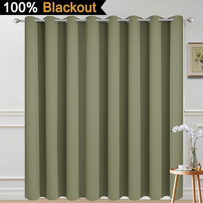 Yakamok 100% Blackout Extra Wide Thermal Insulated Curtains, Total Shade Patio Door Curtain, Full Light Shading Sliding Door Drape Room Divider for Living Room/Bedroom, Sage, W100 x L84, 1 Panel