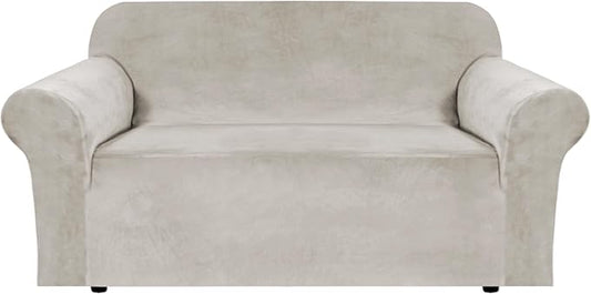 H.VERSAILTEX Stretch Velvet Loveseat Covers for 2 Cushion Couch Covers for Living Room Sofa Covers Slipcovers with Non Slip Straps Bottom, Ultra Thick Comfy Velour (Width 58"-72", Oatmeal)