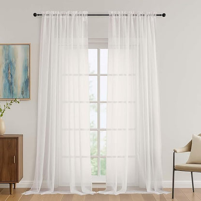 OVZME Ivory Bedroom Curtains 96 Length for Farmhouse, 59 Inch Extra Wide Light Filtering Voile Drapes Light Airy Window Decor for Patio Door Living Room Bedroom Dining, 59Wx96L Inches