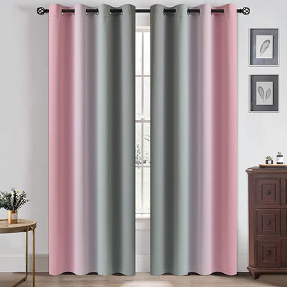 Yakamok Ombre Pink and Grey Curtains for Bedroom, Gradient Room Darkening Curtains, Grommet Thermal Insulated Light Blocking Window Drapes/Curtain for Living Room,52 x 84 Inch,2 Panels