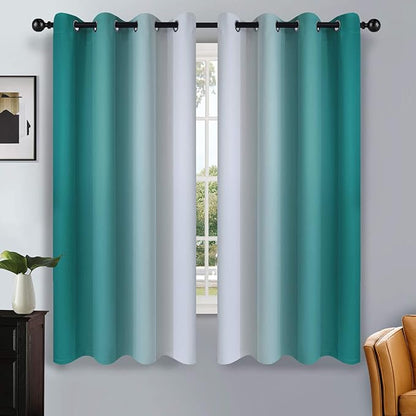 SimpleHome Ombre Room Darkening Curtains for Living Room, Light Blocking Gradient Teal to Greyish White Thermal Insulated Grommet Window Curtains/Drapes for Bedroom, 2 Panels, 52x63 inches Length