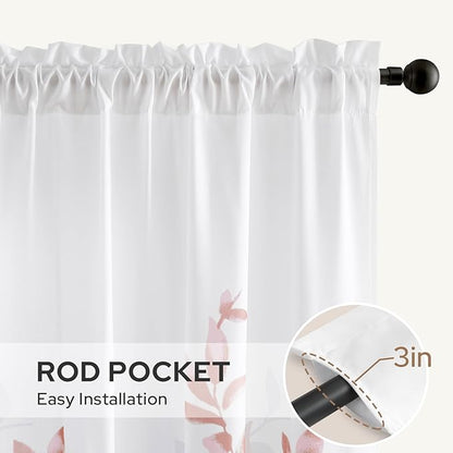 HOMEIDEAS Non-See-Through Pink and White Privacy Sheer Curtains 52 X 63 Inch Length 2 Panels, Leaf Floral Printed Light Filtering Semi Sheer Window Curtains Drapes for Bedroom Living Room