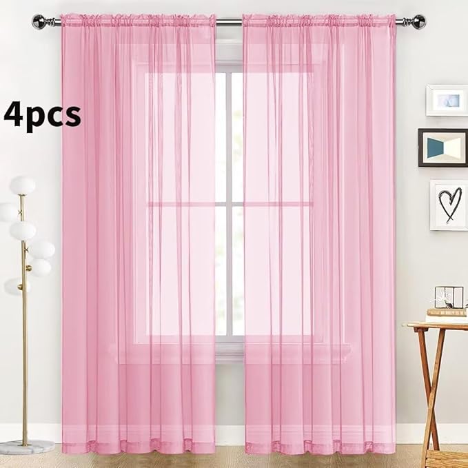 SpaceDresser Sheer Light Pink Curtains 4 Panels Rod Pocket Semi-Sheer Curtain 96 Inches Long Light Filtering Voile Window Drapes for Bedroom Living Room Kitchen, Each 52W x 96L